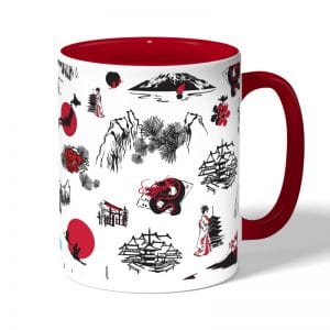 كوب قهوة بمقبض احمر بتصميم رسومات يابانيه