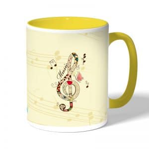 كوب قهوة بمقبض اصفر بتصميم نغمة موسيقية جميلة